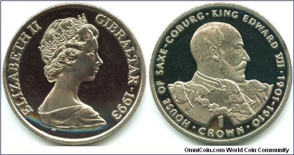 Gibraltar, 1 crown 1993.
King Edward VII 1901-1910.
40th Anniversary of the Coronation of Queen Elizabeth II.