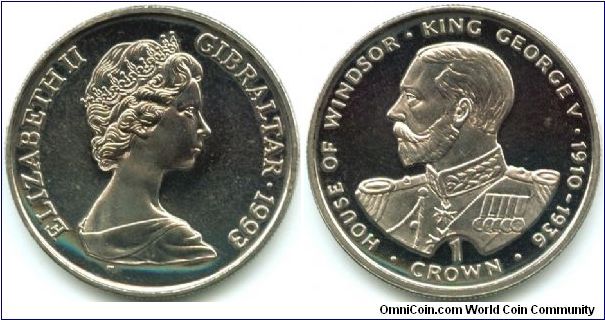 Gibraltar, 1 crown 1993.
King George V 1910-1936.
40th Anniversary of the Coronation of Queen Elizabeth II.