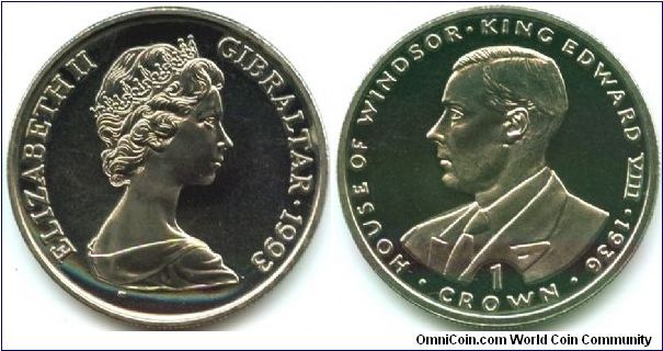 Gibraltar, 1 crown 1993.
King Edward VIII 1936.
40th Anniversary of the Coronation of Queen Elizabeth II.