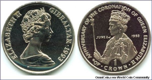 Gibraltar, 1 crown 1993.
40th Anniversary of the Coronation of Queen Elizabeth II.