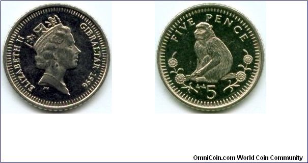 Gibraltar, 5 pence 1996.
Queen Elizabeth II.