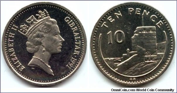 Gibraltar, 10 pence 1991.
Queen Elizabeth II.