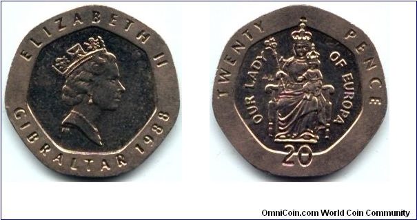 Gibraltar, 20 pence 1988.
Queen Elizabeth II.