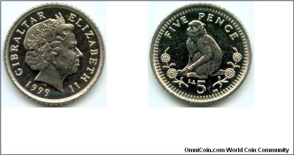 Gibraltar, 5 pence 1999.
Queen Elizabeth II.