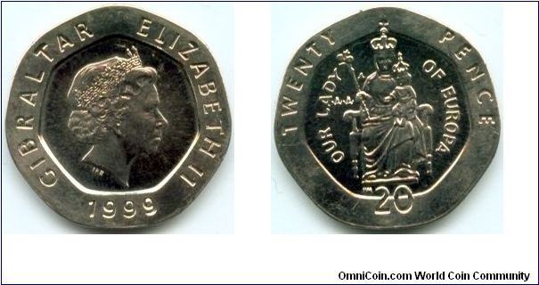Gibraltar, 20 pence 1999.
Queen Elizabeth II.