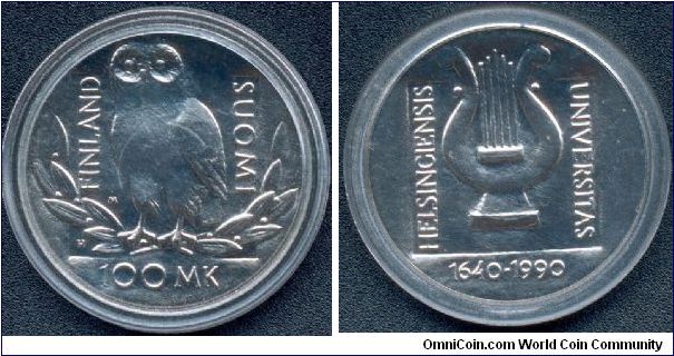 100 markkaa commemorating University of Helsinki 350th anniversary. Designed by Raimo Heino.