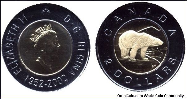 Canada, 2 dollars, 2002, Ni-Cu-Al-Ni, 50th anniversary of reign of Elizabeth II, bi-matallic, Polar Bear, Elizabeth II.                                                                                                                                                                                                                                                                                                                                                                                             