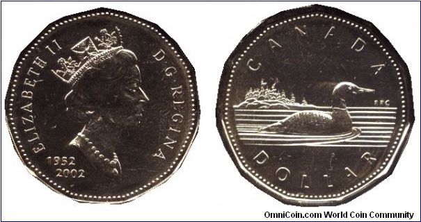 Canada, 1 dollar, 2002, Ni-Bronze, 50th anniversary of reign of Elizabeth II, Common Loon, Elizabeth II.                                                                                                                                                                                                                                                                                                                                                                                                            