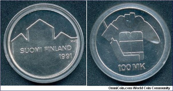 100 markkaa commemorating the World Ice Hockey Championships in Turku. Designed by Arto Lappalainen.