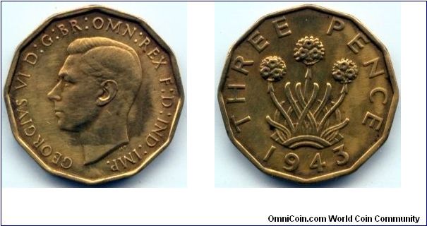 Great Britain, 3 pence 1943.
King George VI.