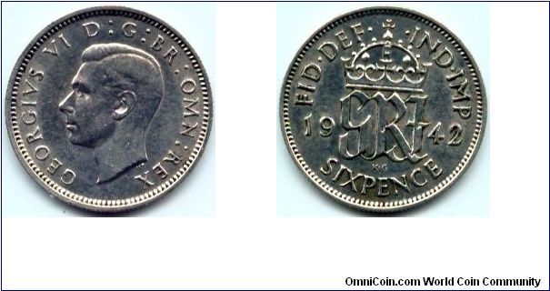 Great Britain, 6 pence 1942.
King George VI.