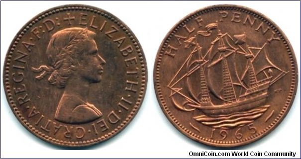 Great Britain, 1/2 penny 1965. Queen Elizabeth II.