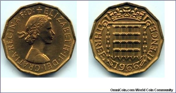 Great Britain, 3 pence 1966.
Queen Elizabeth II.