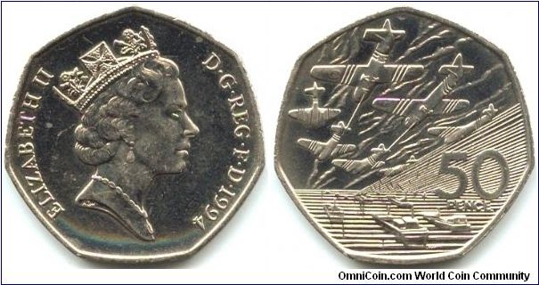Great Britain, 50 pence 1994.
Queen Elizabeth II. 50th Anniversary of Normandy Invasion.