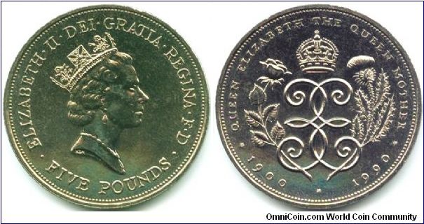 Great Britain, 5 pounds 1990. Queen Elizabeth II - 90th Birthday of Queen Mother.