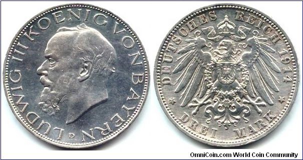 Bavaria, 3 mark 1914.
King Ludwig III.