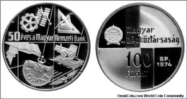 Hungary, 100 forint, 1974, Ag, 50th anniversary of the National Bank of Hungary                                                                                                                                                                                                                                                                                                                                                                                                                                     