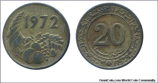Algeria, 20 centimes, 1972, Brass, Agricultural Revolution, FAO.                                                                                                                                                                                                                                                                                                                                                                                                                                                    