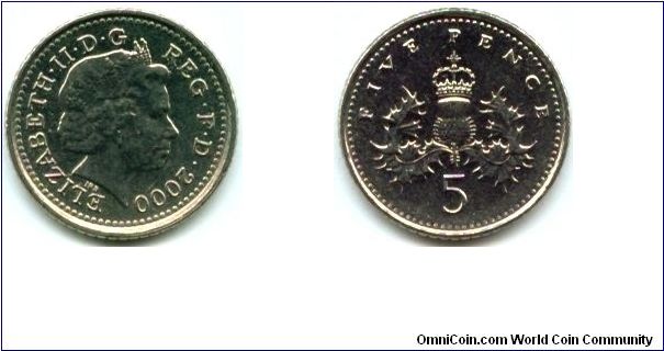 Great Britain, 5 pence 2000.
Queen Elizabeth II.