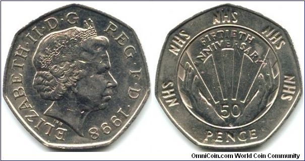 Great Britain, 50 pence 1998.
Queen Elizabeth II. 50th Anniversary - National Health Service.