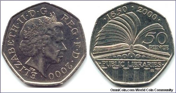 Great Britain, 50 pence 2000.
Queen Elizabeth II. 150th Anniversary - Public Library.