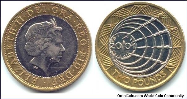 Great Britain, 2 pounds 2001. Queen Elizabeth II. 100th Anniversary - First Transatlantic Radio Transmission.