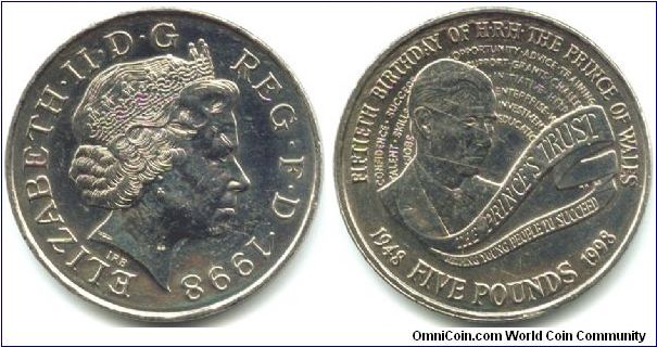 Great Britain, 5 pounds 1998. Queen Elizabeth II - 50th Birthday of Prince Charles.