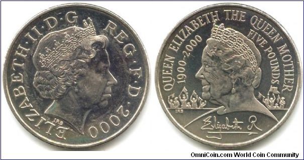 Great Britain, 5 pounds 2000. Queen Elizabeth II - 100th Birthday of Queen Mother.