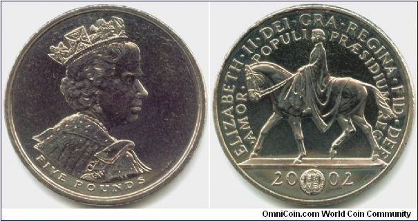 Great Britain, 5 pounds 2002. Queen Elizabeth II - Queen's Golden Jubilee of Reign.
