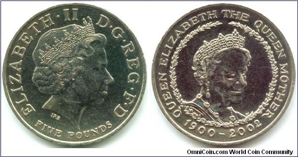 Great Britain, 5 pounds 2002.
Queen Elizabeth II. Death of Elizabeth, the Queen Mother.