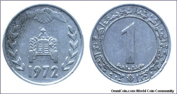 Algeria, 1 dinar, 1972, Cu-Ni, Tractor.                                                                                                                                                                                                                                                                                                                                                                                                                                                                             
