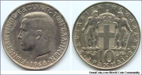 Greece, 10 drachmai 1968. 
King Constantine II.