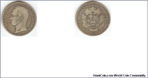 1921 Venezuela 5 Bolivar (Silver)