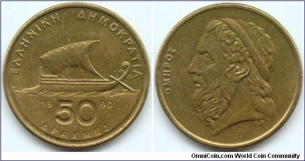 Greece, 50 drachmes 1990. Homer.