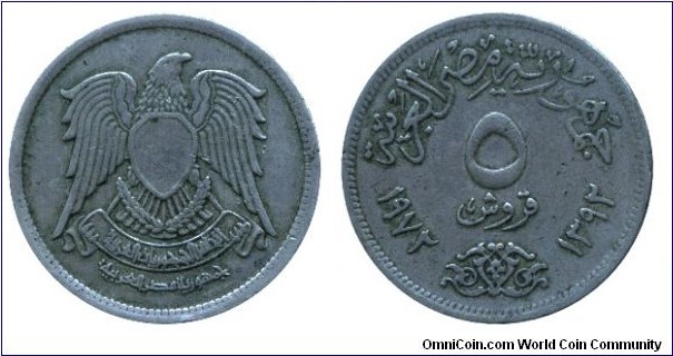 Egypt, 5 piastres, 1972, Cu-Ni.                                                                                                                                                                                                                                                                                                                                                                                                                                                                                     