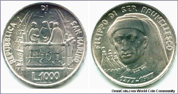 San Marino, 1000 lire 1977.
600th Anniversary - Birth of Filippo Brunelleschi.