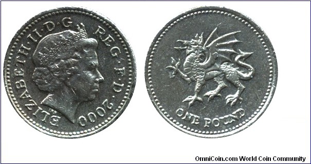 United Kingdom, 1 pound, 2000, Ni-Brass, 22.5mm, 9.5g, Dragon of Wales, Elizabeth II.                                                                                                                                                                                                                                                                                                                                                                                                                                                                