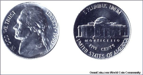 USA, 5 cents, 1990, MM: D, Castle Monticello, Jefferson.                                                                                                                                                                                                                                                                                                                                                                                                                                                            