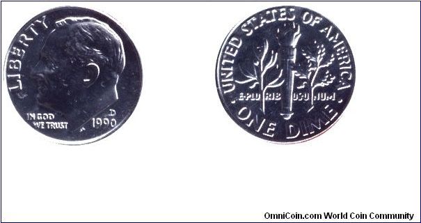 USA, 1 dime, 1990, MM: D, Roosevelt.                                                                                                                                                                                                                                                                                                                                                                                                                                                                                