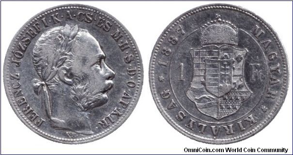 Hungary, 1 forint, 1887, Ag, Hungarian King Ferenc Jozsef I. He was also the Emperor of Austria as Franz Joseph I.                                                                                                                                                                                                                                                                                                                                                                                                  