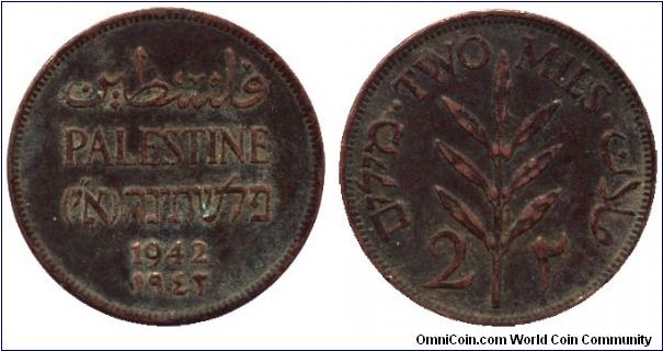 Palestine, 2 mils, 1942, Bronze, Olive Branch.                                                                                                                                                                                                                                                                                                                                                                                                                                                                      