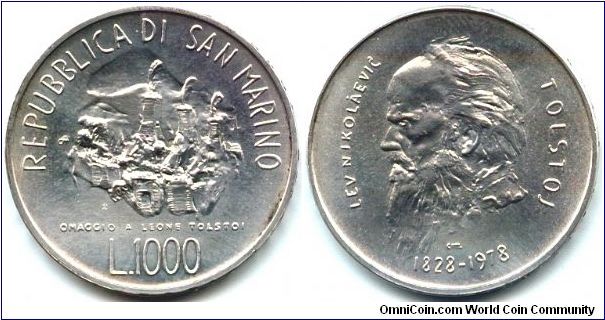 San Marino, 1000 lire 1978.
150th Anniversary - Birth of Lev Nikolayevich Tolstoy.