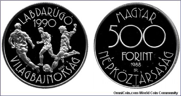 Hungary, 500 forint, 1988, Ag, World Soccer Championship 1990.                                                                                                                                                                                                                                                                                                                                                                                                                                                      