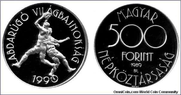 Hungary, 500 forint, 1989, Ag, World Soccer Championship 1990.                                                                                                                                                                                                                                                                                                                                                                                                                                                      