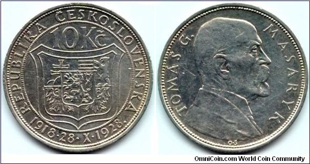 Czechoslovakia, 10 korun 1928.
Tomas Masaryk - 10th Anniversary of Independence.