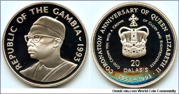 Gambia, 20 dalasis 1993.
President Dauda Jawara.
40th Anniversary - Coronation of Queen Elizabeth II.