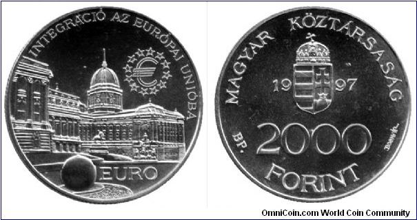 Hungary, 2000 forint, 1997, Ag, Integration into the EU, Euro. Buda Castle.                                                                                                                                                                                                                                                                                                                                                                                                                                         