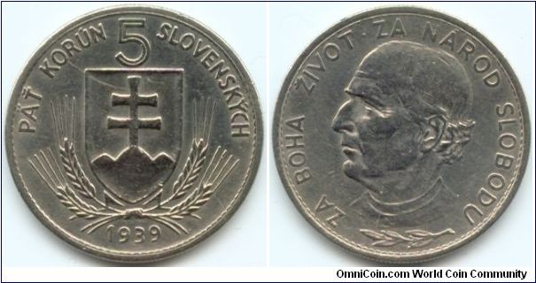 Slovakia, 5 korun 1939.
Andrej Hlinka.
