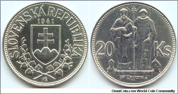 Slovakia, 20 korun 1941.
St. Kyrill and St. Methodius.