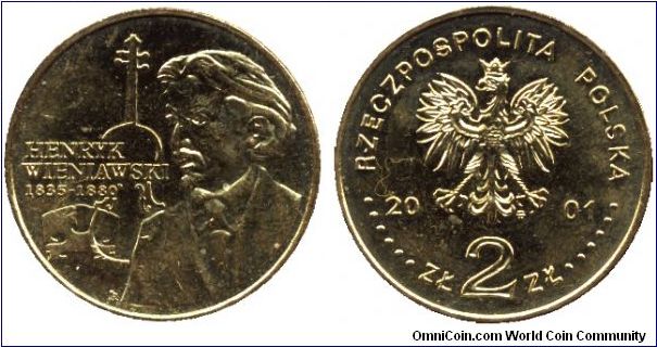 Poland, 2 zlote, 2001, Henryk Wieniawski, 1835-1880.                                                                                                                                                                                                                                                                                                                                                                                                                                                                